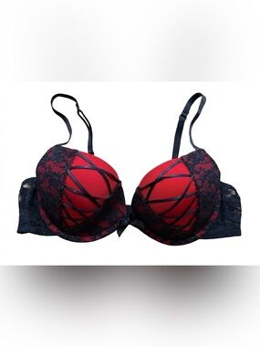 La Senza | Red Black Lace Overlay Strappy Push-Up Bra Removable Pads